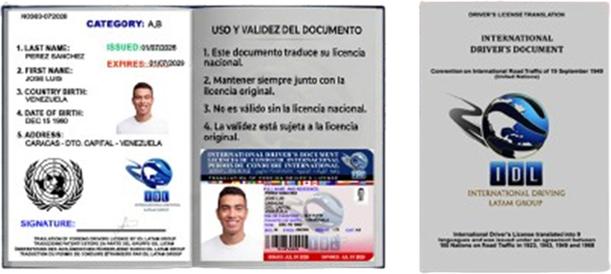 Libreta del Permiso Internacional de Conducir: página de datos, uso y validez, y tapa